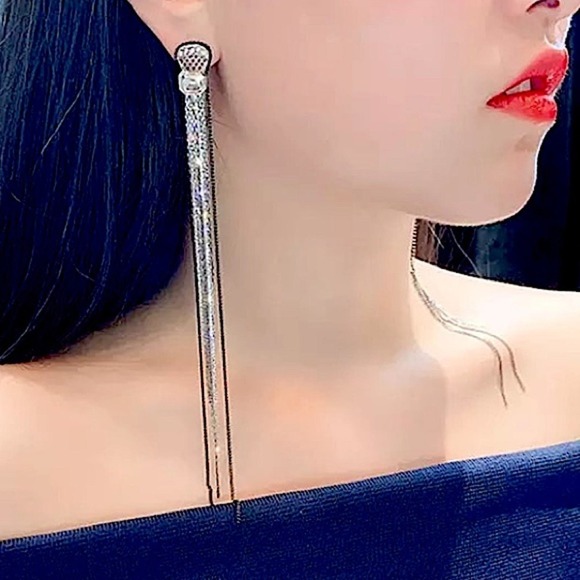 Silver Fringe Black Tassel Multistrand Zircon Dangle Earrings - Picture 3 of 6